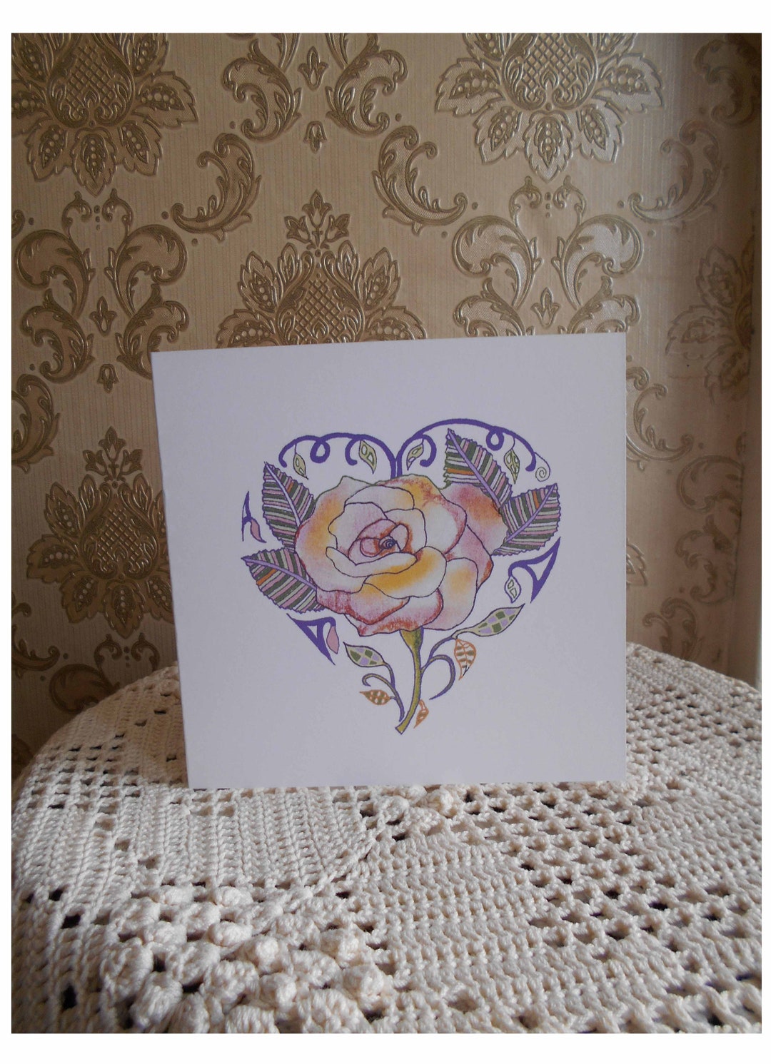 Rose Heart Card: Handdrawn Flower, Personalised Notelet - Etsy
