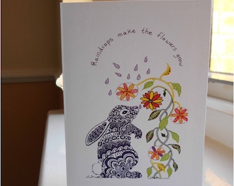 Bunny Greeting Card, Ready to Ship, A6 Blank Card, Bunny and Flowers, Easter Notecards, Pen and Ink, Zentangle Animal, Bunny and Flowers