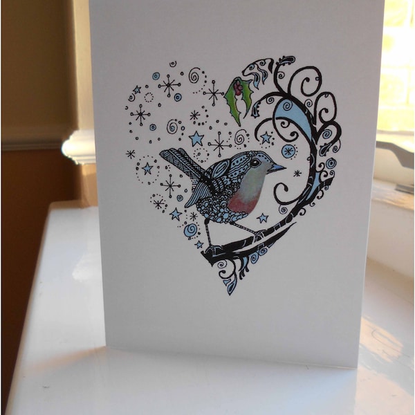 Blue Robin Card, Ready to Ship, Special Occasions, Blank Card, Bird Illustration, Blue, Art Card, Heart Drawing, One of a Kind, Pen and Ink