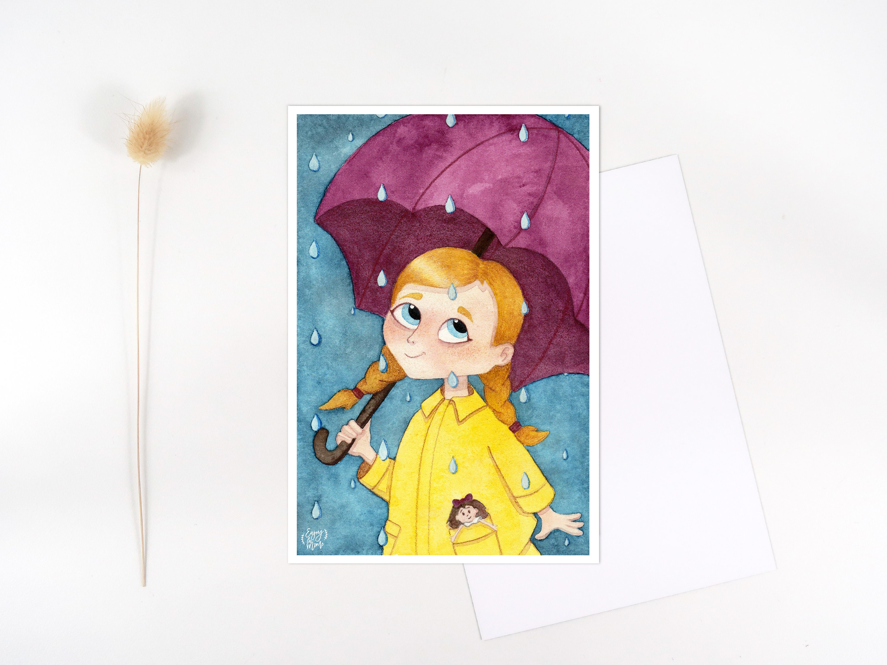 Carte Illustration Aquarelle Enfant Pluie Parapluie