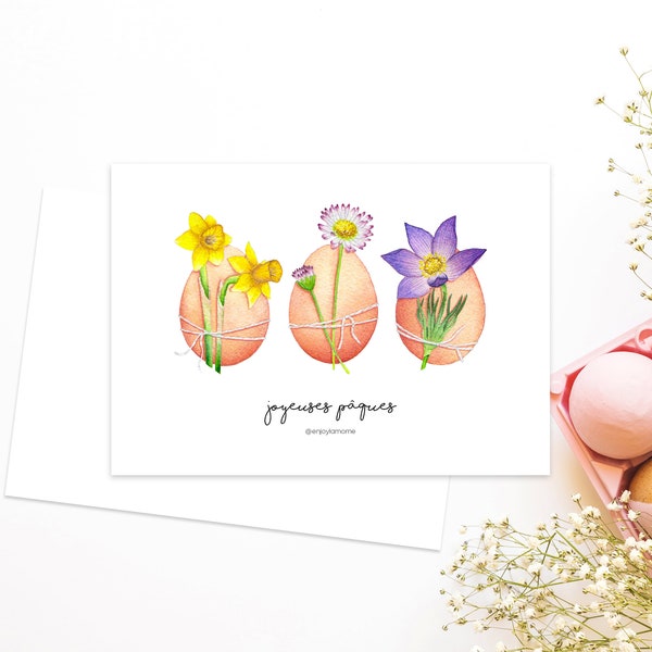 CARTE A6 (+enveloppe blanche) Joyeuses Pâques oeufs fleurs fête printemps | Impression aquarelle | carterie - déco – papeterie