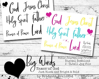 Big Words Names of God Bible Journaling Printables Digital Download