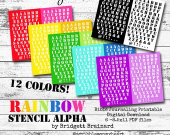 Rainbow Stencil Alpha Printable Set, Bible Journaling Printable