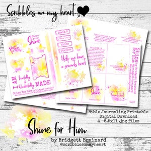 Könnte beinhalten: Druckbare Bibel-Journaling-Seiten mit Aquarellhintergrund und Sternen. Die Seiten zeigen den Spruch "Shine for Him" und verschiedene Bibelverse. Der Text "Shine for Him by Bridgett Brainard @scribblesonmyheart" befindet sich am unteren Rand der Seite.