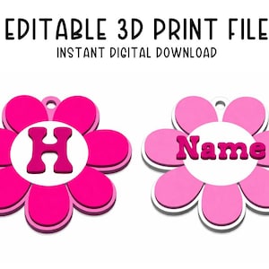 Puede incluir: Dos diseños rosas en forma de flor con detalles blancos y grises. Uno tiene la letra "H" en el centro, el otro la palabra "Name". El texto "EDITABLE 3D PRINT FILE" y "INSTANT DIGITAL DOWNLOAD" está en la parte superior.