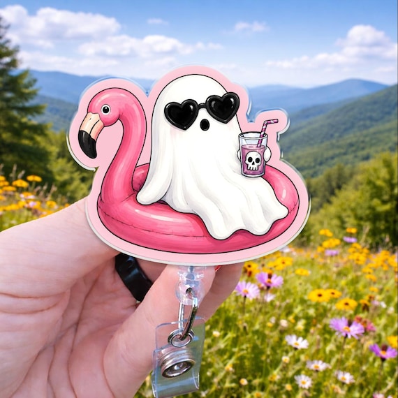 Cute Ghost Badge Reel | Pink Flamingo Float Ghost Badge Holder | Summer Nurse Badge Reel | Spooky Cute Gift