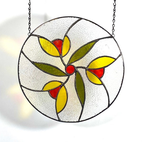 Tulip Stained Glass Panel, Round Glass Window Hanging, Yellow Flowers, Suncatcher