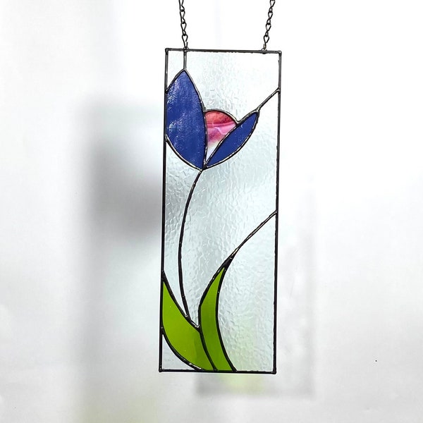 Tall Indigo Tulip Stained Glass Hanging Panel, Unique Floral Gift, Window Art, Suncathcher, Gift for Daughter, Fun Holiday Art