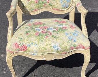 Ethan Allen Country French Chair with Matching Ottoman Footstool Floral Flowers Distressed Shabby Chic