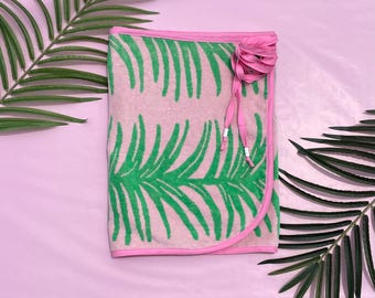Pink Green Tropical Terry Towel Wrap Skirt Beach Sarong