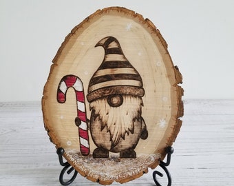 Candycane gnome. Wood burned gnome. Gnome decor. Wood burning decor.