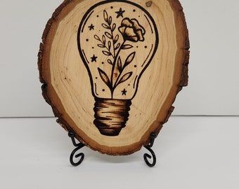 Wildflower. Wildflower lightbulb. Wood burned wildflower. Wildflower decor. Wood burning decor.