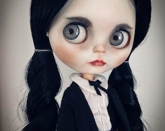 Lenore — OOAK Gothic Blythe Doll inspired by Wednesday Addams. (Fake Blythe doll).