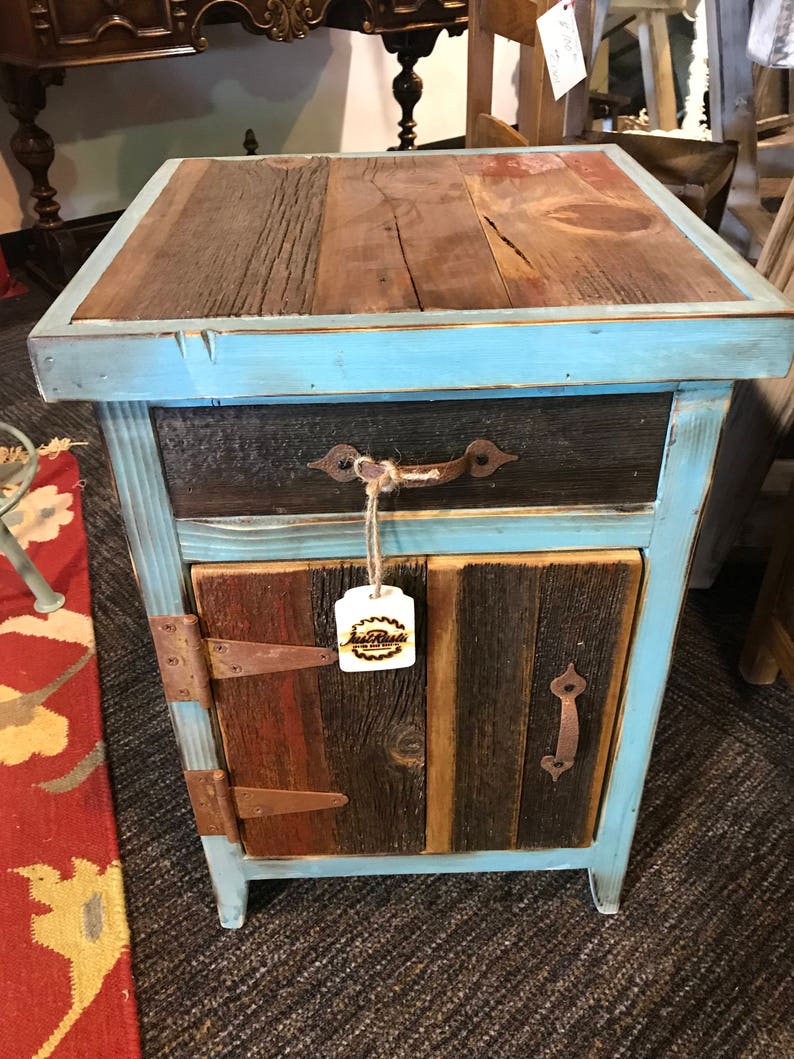 Reclaimed Wood End Table Rustic Teal Etsy