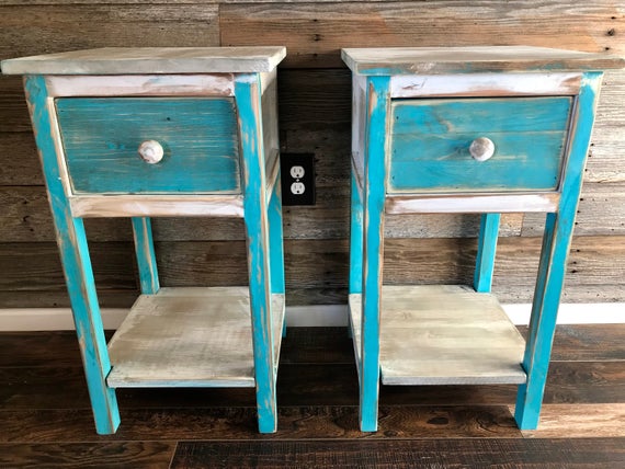 Rustic Teal End Tables Set Of Two Etsy