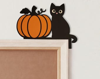 Cat and Pumpkin Halloween Door frame decoration. Spooky cute fall decoration Halloween Door Corner Wooden Sign, Spider Web Moon Corner Decor