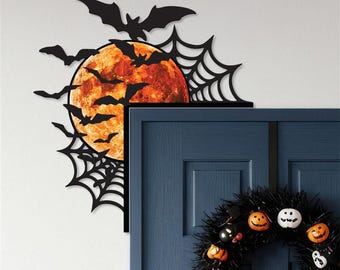 Halloween Door Corner Wooden Sign, Spider Web Moon and Bats Corner Decor, Fireplace Decor, Halloween Gift for Family, Spooky Gift