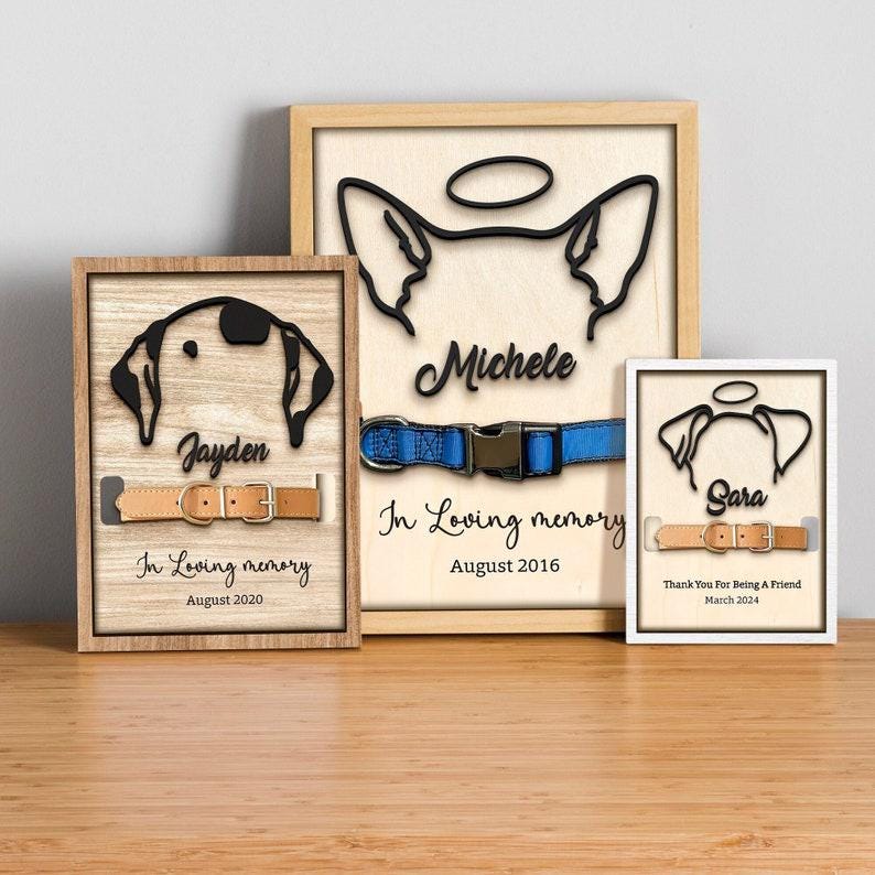 Personalized Loss of Pet Gift, Memorial Pet Collar Holder, Dog Memorial Wood Frame With Collar Holder, Custom Dog Ear Memorial Sign