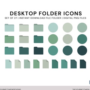 May include: A collection of digital desktop folder icons in shades of green and blue. The set includes folder shapes, circles, and document icons. Text at the top reads "DESKTOP FOLDER ICONS" and "SET OF 27 | INSTANT DOWNLOAD FILE FOLDER | DIGITAL PNG FILES."