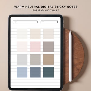 May include: A digital tablet displaying warm neutral sticky notes for iPad and tablet. The screen shows a grid of colored squares in beige, pink, gray, and blue hues, with lined paper. A white stylus rests on a wooden stand.