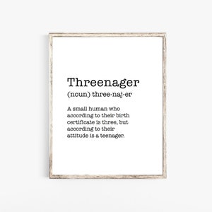 May include: A framed print with the word "Threenager" in a bold, black font. The definition below describes a small human who is three years old but acts like a teenager. The frame is a light brown color.
