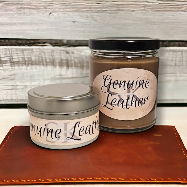 Genuine Leather Scented Candle | 100% Soy | Handmade | Gift Ideas | Party Favors | Vegan | Cruelty-Free | Rustic Decor | Brown Candle