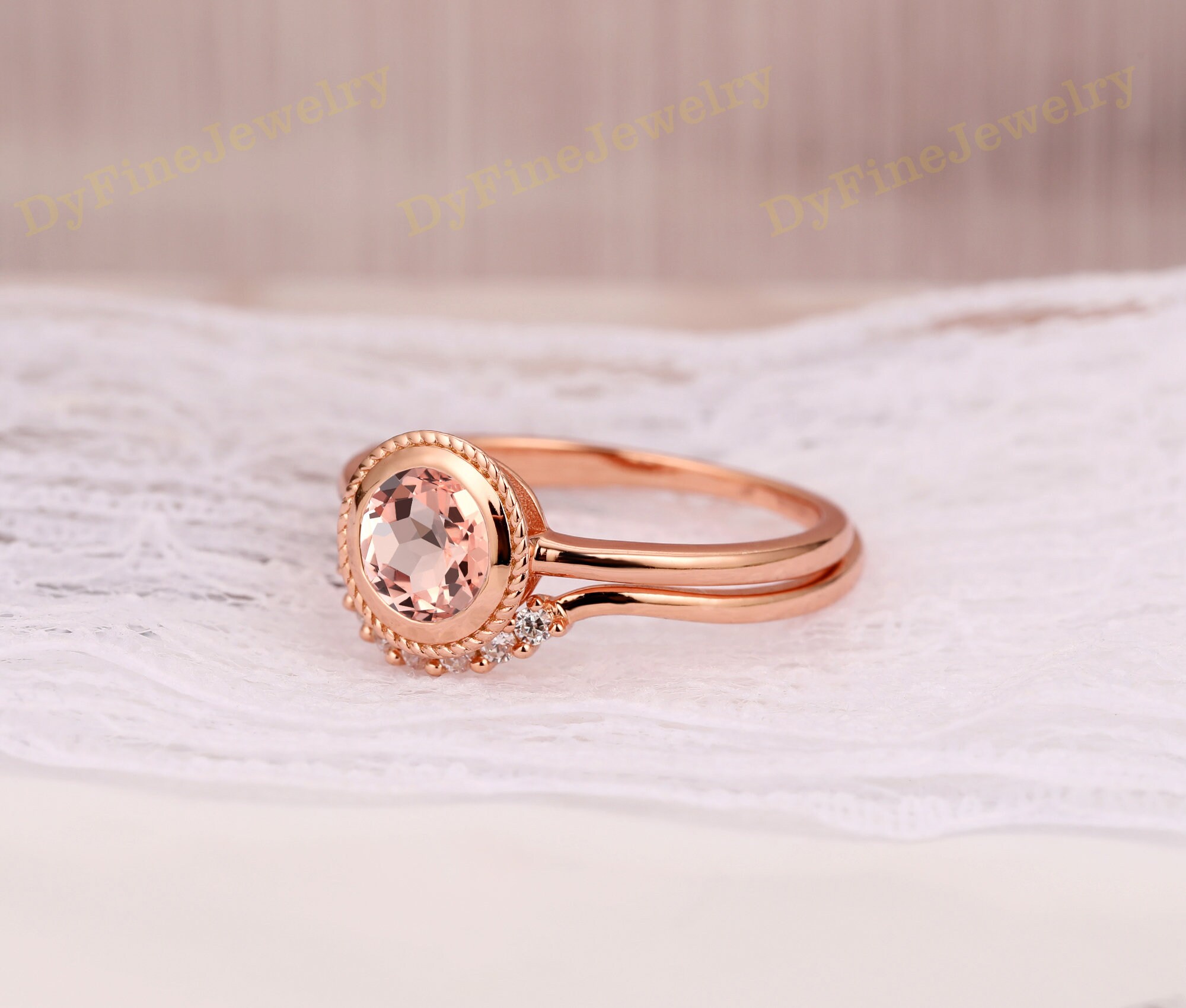 Minimalist Wedding Ring Set 14k Rose Gold Ring 6mm Round Cut Etsy