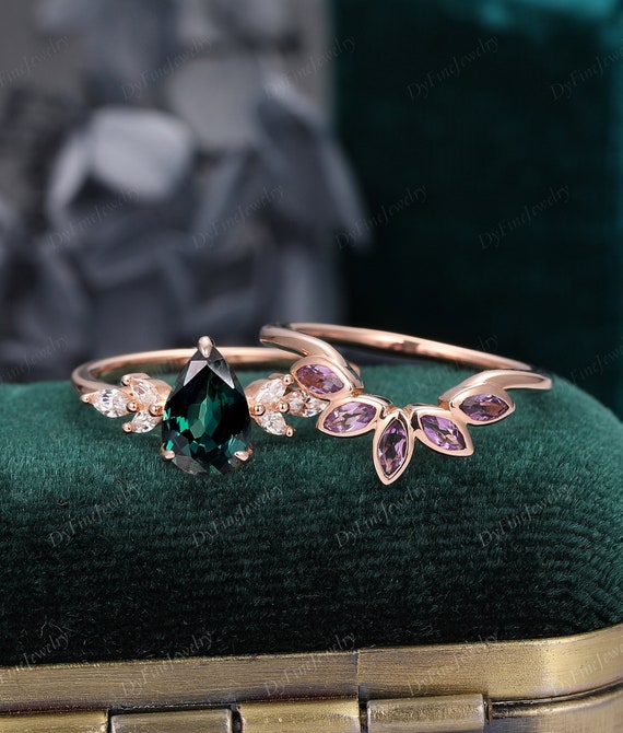 Teal Sapphire Ring Handmade Bridal Ring Set Pear Cut 6x8mm Etsy