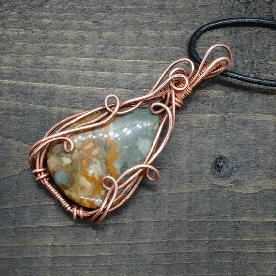 Copper Wire Wrap Pendant With Porcelain Jasper Etsy