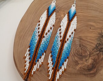 Handwoven native style seed bead fringe earrings