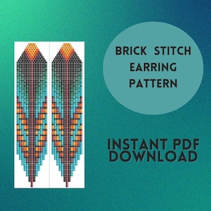 Puede incluir: Patrón de pendientes de punto de ladrillo, descarga PDF. El patrón presenta dos pendientes con un diseño geométrico turquesa, naranja y negro.