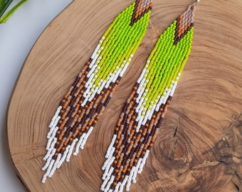 Handwoven native style seed bead fringe earrings