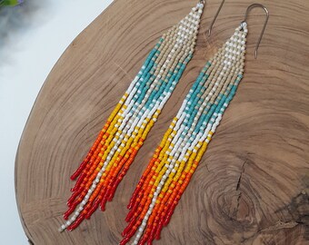 Long handwoven seed bead fringe earrings