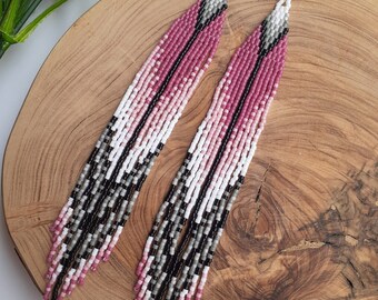 Handwoven native style seed bead fringe earrings