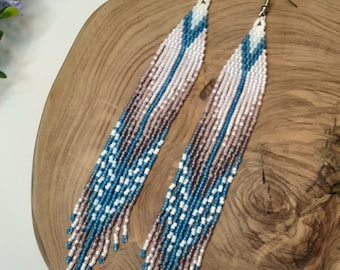 Handwoven native style seed bead fringe earrings
