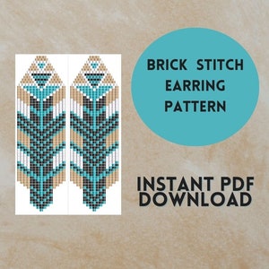 May include: A digital pattern for brick stitch earrings. The pattern features a geometric design with turquoise, black, white, and tan beads. The text "BRICK STITCH EARRING PATTERN" and "INSTANT PDF DOWNLOAD" is included in the image.