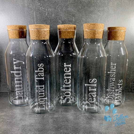 500ml and 1L Engraved Personalised Storage Bottles With Cork Lids Glass  Laundry Bottles Laundry Storage Jars 