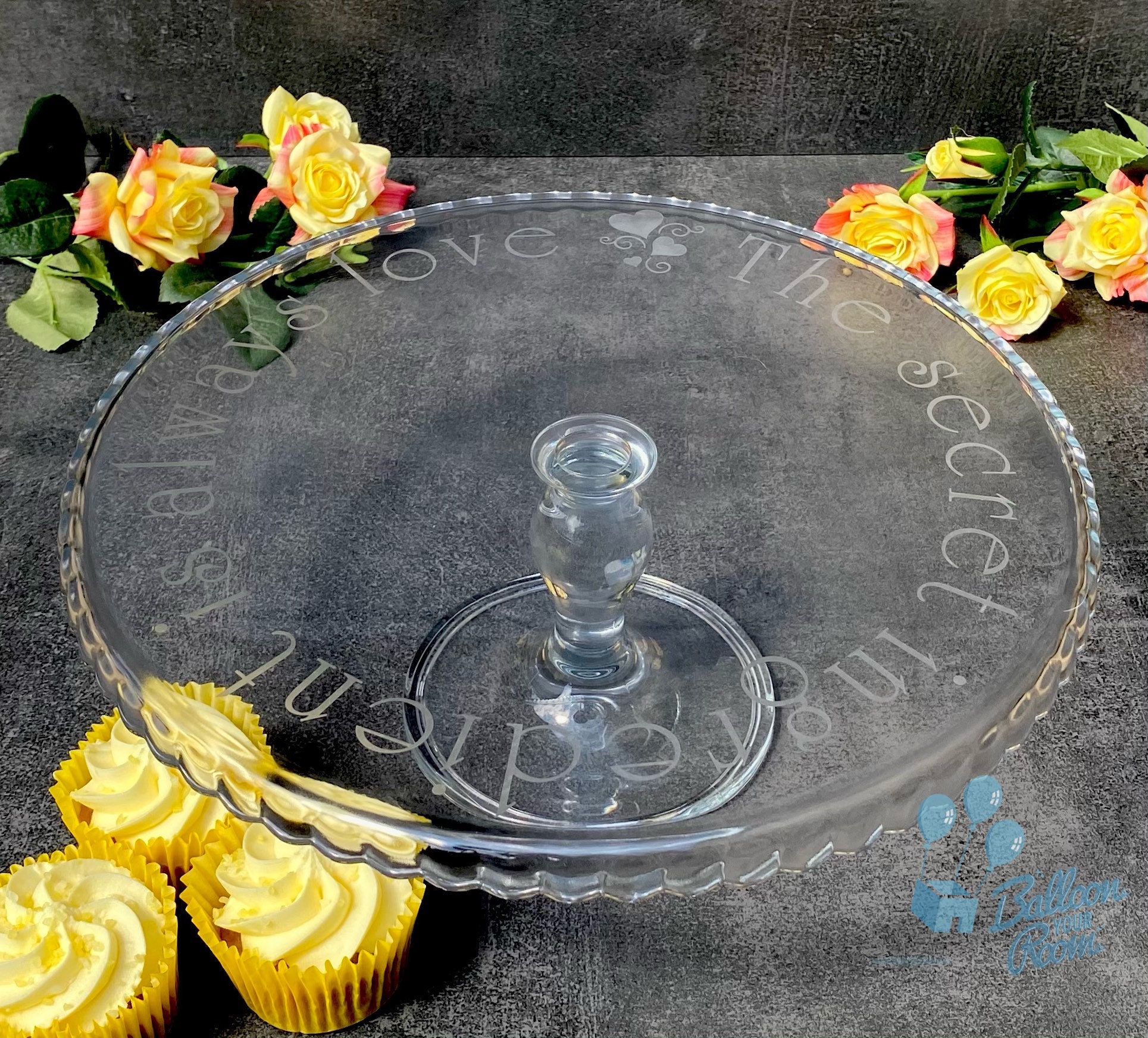 Engraved Glass Footed Cake Stand - The Secret Ingredient Is Always Love - Personalised Cake Stand - Cake Plate