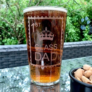 1st Class Dad - 1st Class Daddy - 1st Class Grandad - 1st Class Uncle - First Class Stamp - Engraved Pint Glass