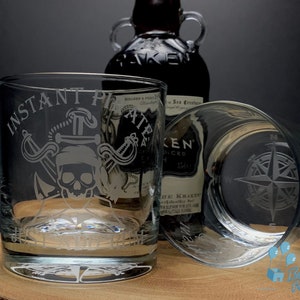 Instant Pirate Just Add Rum - Engraved Low-Ball Glass - Rum Glass