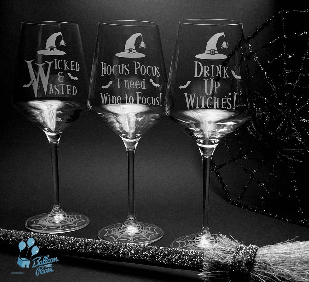 Engraved Halloween Wine Glasses Wicked and Wasted Hocus Pocus I Need