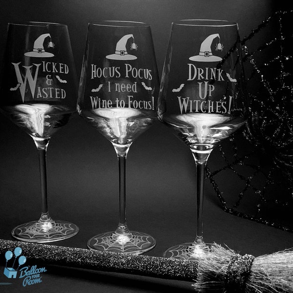 Engraved Halloween Wine Glasses - Wicked and Wasted - Hocus Pocus I need Wine to Focus - Drink Up Witches