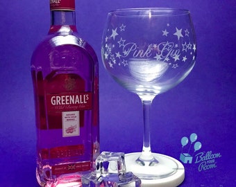 Pink Gin and Stars Balloon Gin Glass - Engraved Balloon Gin Glass