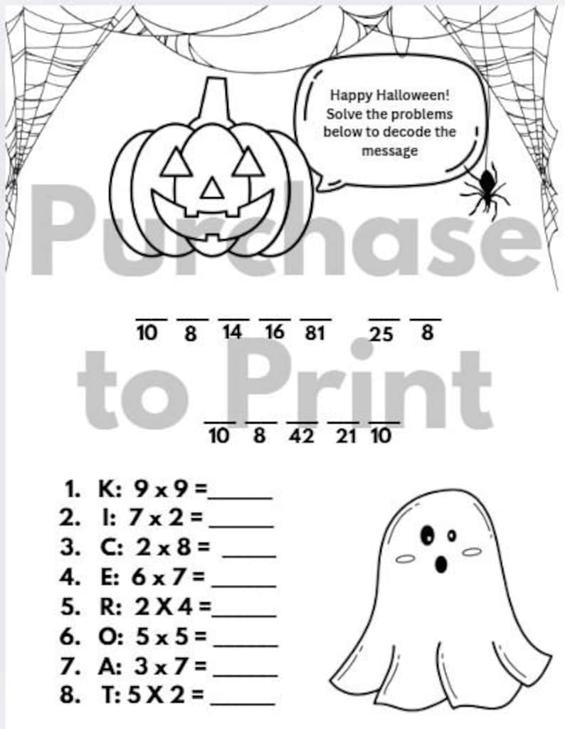 Halloween Multiplication Worksheet - Etsy