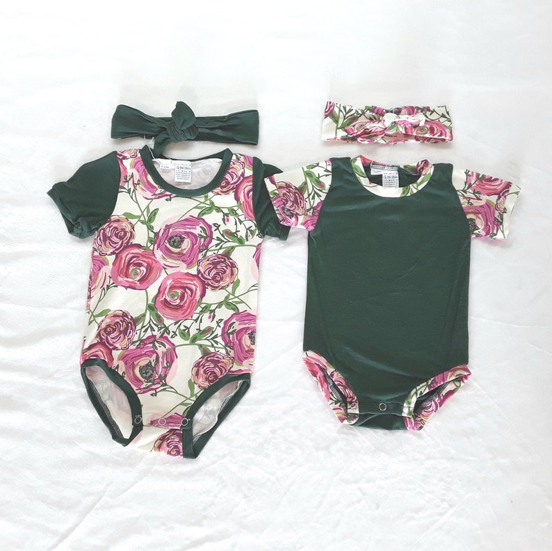 6 month top and bow Green and floral bodysuit with headband infant gift set 12 month girl flower shirt and knot bow