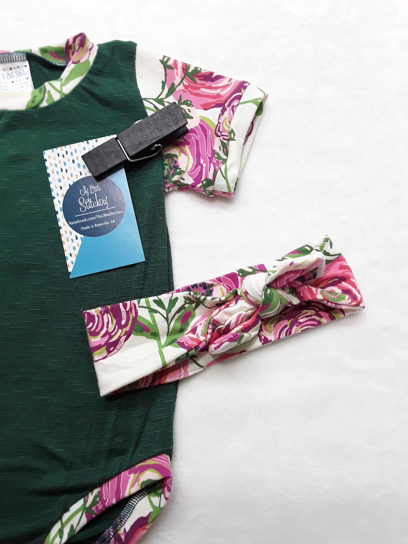 6 month top and bow Green and floral bodysuit with headband infant gift set 12 month girl flower shirt and knot bow