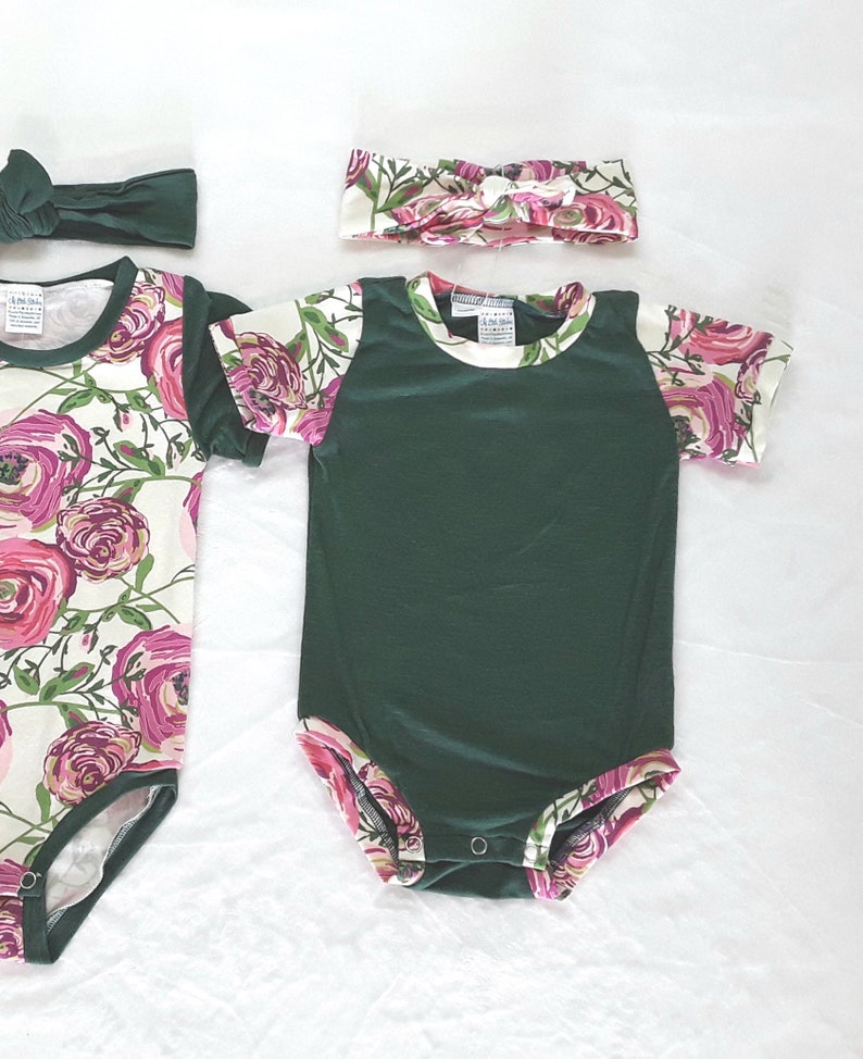 6 month top and bow Green and floral bodysuit with headband infant gift set 12 month girl flower shirt and knot bow