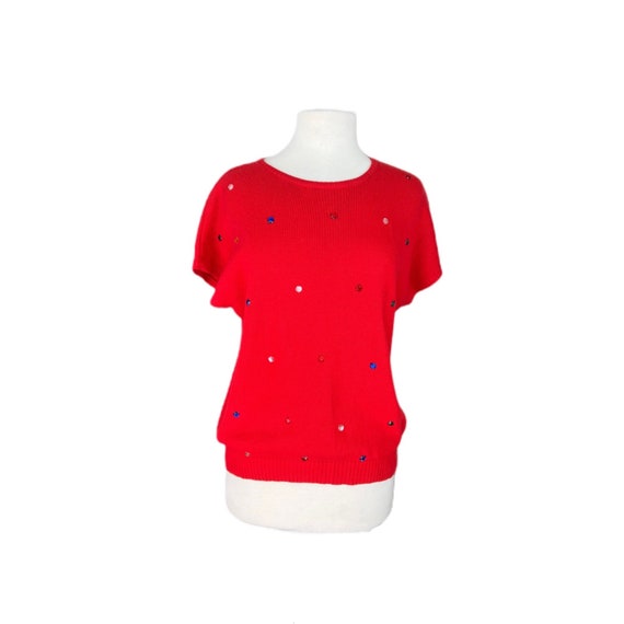Vintage Red Bedazzled Petite Short Sleeve Sweater… - image 1