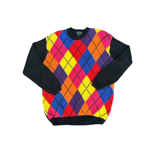 90s Limited Bold Colorful Argyle Knitted Crewneck Wool Sweater | Size XS