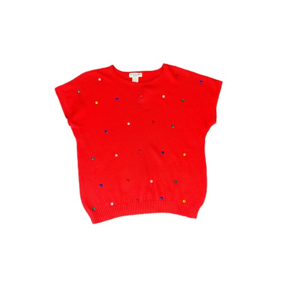 Vintage Red Bedazzled Petite Short Sleeve Sweater… - image 2